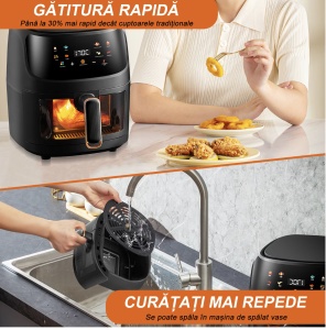 Friteuza cu aer cald , Razo AirFryer, 2400W , capacitate 8L , Cos de sticla securizata detașabil , Temperatura ajustabilă , Timer , 8 Programe Prestate , Protecție supraîncălzire , Touch , Negru - Img 6