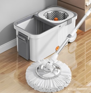 Mop Razo rotativ cu Galeată din oțel inoxidabil cu roți și storcător centrifugă si 4 Lavete din microfibra incluse , SIstem de evacuare apa, Alb cu Gri