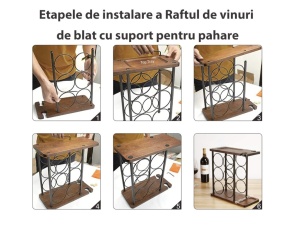 Raft de lemn/metal pentru 6 sticle de vin, cu suport pentru 2 pahare, kit de asamblare, 38x37x16 cm, Usor Asamblat, Demontabil, Negru/Maro - Img 3