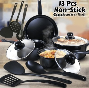 Set premium de oale si ustensile de bucătărie pentru gătit , 13 piese , Material antiaderente ,Sticla termorezistentă, Ideale pentru Camping si Bucataria Zilnica, Negru - Img 3