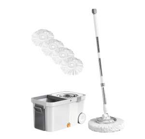 Mop Razo rotativ cu Galeată din oțel inoxidabil cu roți și storcător centrifugă si 4 Lavete din microfibra incluse , SIstem de evacuare apa, Alb cu Gri - Img 2