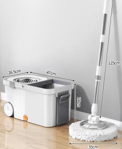 Mop Razo rotativ cu Galeată din oțel inoxidabil cu roți și storcător centrifugă si 4 Lavete din microfibra incluse , SIstem de evacuare apa, Alb cu Gri - Img 3