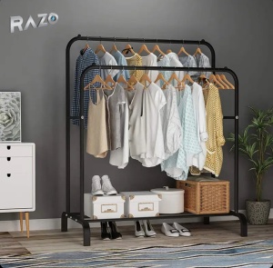Suport metalic dublu de umerașe pentru haine Razo – Negru, 96 x 45 x 150 cm, capacitate 35 kg - Img 3