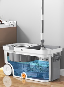 Mop Razo rotativ cu Galeată din oțel inoxidabil cu roți și storcător centrifugă si 4 Lavete din microfibra incluse , SIstem de evacuare apa, Alb cu Gri - Img 4