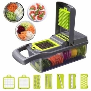 Razatoare multifunctionala pentru legume si fructe Razo, Accesorii Interschimbabile, Maner Protectie, Feliere, Radere, Taietor, Maruntitor, Gri/Verde, 14 piese