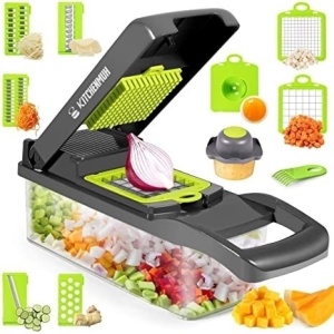 Razatoare multifunctionala pentru legume si fructe Razo, Accesorii Interschimbabile, Maner Protectie, Feliere, Radere, Taietor, Maruntitor, Gri/Verde, 14 piese - Img 2
