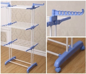 Uscator Vertical Haine ,Razo , Mobil si Pliabil Pentru Spatii Mici, 3 niveluri, Suport Umerase, Inaltime reglabilă 75-126 x64x170 , pana la 50 kg, Albastru - Img 2