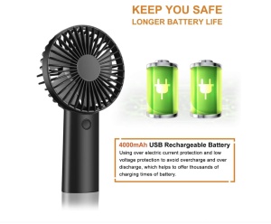 Ventilator mini Portabil Razo , de mana/birou , reîncărcabil prin USB , 3 trepte de viteza , Negru - Img 3