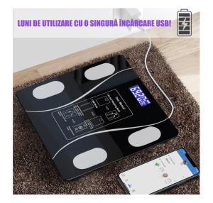 Cântar Electronic Smart de diagnostic corporal încărcare USB, Conexiune Bluetooth la App Pentru Fitness, Intervalul de cantarire 0,2-180 kg, Detectarea temperaturii, Sticla securizata, Neagra - Img 3