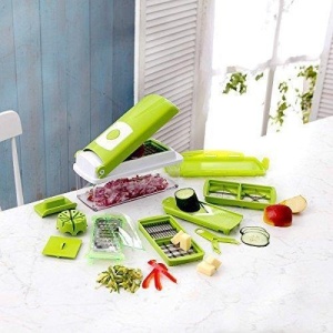 Razatoare multifunctionala pentru legume si fructe Razo, Accesorii Interschimbabile, Maner Protectie, Feliere, Radere, Taietor, Maruntitor, Gri/Verde, 14 piese - Img 3