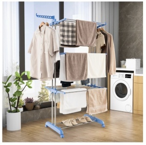 Uscator Vertical Haine ,Razo , Mobil si Pliabil Pentru Spatii Mici, 3 niveluri, Suport Umerase, Inaltime reglabilă 75-126 x64x170 , pana la 50 kg, Albastru - Img 3