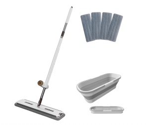 Mop Plat Razo cu storcător, Galeată pliabilă cu roți, 4 lavete microfibră Gratuite, 8L