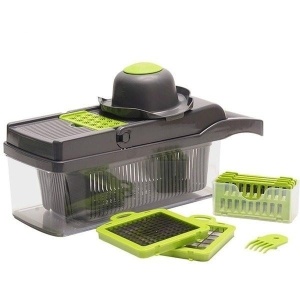 Razatoare multifunctionala pentru legume si fructe Razo, Accesorii Interschimbabile, Maner Protectie, Feliere, Radere, Taietor, Maruntitor, Gri/Verde, 14 piese - Img 4