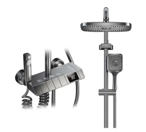 Set coloana de Dus Razo cu para dreptunghiulară , Display LED, Comenzi Piano, 4 Funcții curgere apa, Rotatie 360°, Pulverizare cu Aer, Robinet Ascuns, Fara Conectare Electrica, Gri-Maroniu - Img 2
