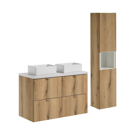Set de mobilier 100 cm cu blat, 2 lavoare Gaja pe blat și un dulap înalt