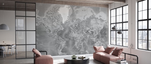 Tapet World Map Detailed, Grey, Photowall