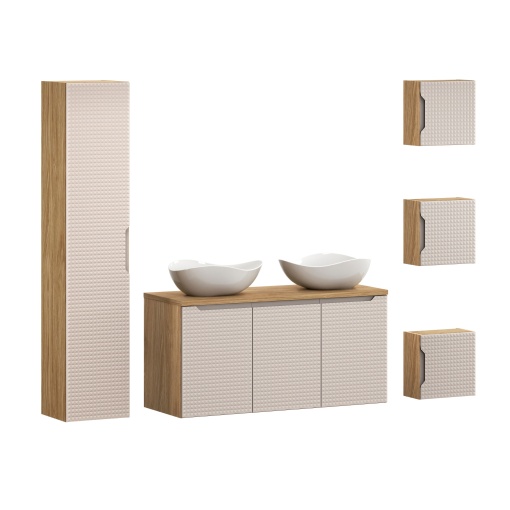 Set de mobilier 120 cm cu blat, 2 lavoare de blat Cloud și un dulap înalt