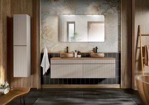 Set de mobilier 160cm cu blat, 2 lavoare Wiki pe blat, un dulap înalt și o oglindă