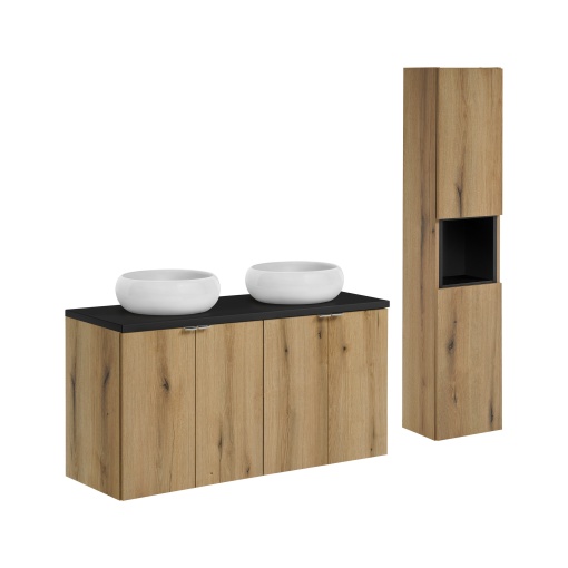 Set de mobilier 120cm cu blat, 2 lavoare Wiki pe blat și un dulap înalt