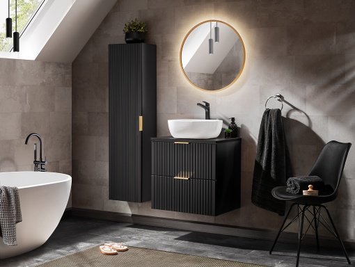 Set de mobilier de 60 cm cu o chiuvetă pe blat, un dulap înalt și o oglindă de 60 cm