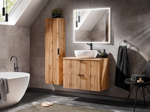 Set mobilier 80cm cu blat, lavoar Smile blat, dulap inalt si oglinda LED