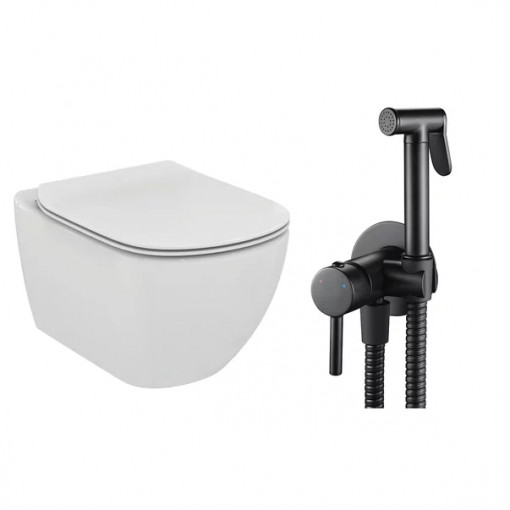 Pachet vas wc suspendat Ideal Standard Tesi, capac softclose si set dus igiena intima negru cu baterie incastrata Rea Loop