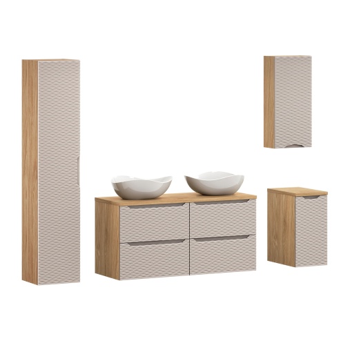 Set de mobilier 120 cm cu blat, 2 lavoare de blat Cloud și un dulap înalt