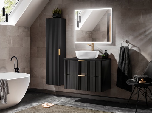 Set de mobilier de 80 cm cu o chiuvetă pe blat, un dulap înalt și o oglindă de 80 cm