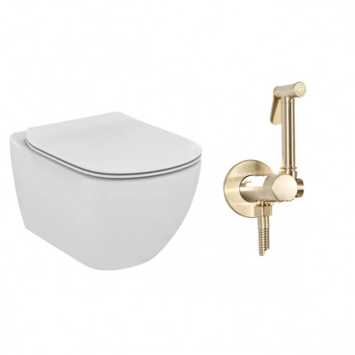 Pachet vas wc suspendat Ideal Standard Tesi, capac softclose si set dus igiena intima auriu cu baterie incastrata Rea Loop