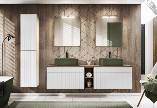 Set de mobilier 180 cm cu blat, 2 lavoare Kama pe blat, un dulap înalt și o oglindă