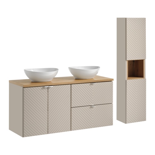Set de mobilier 120 cm cu blat, 2 lavoare Lola pe blat și un dulap înalt
