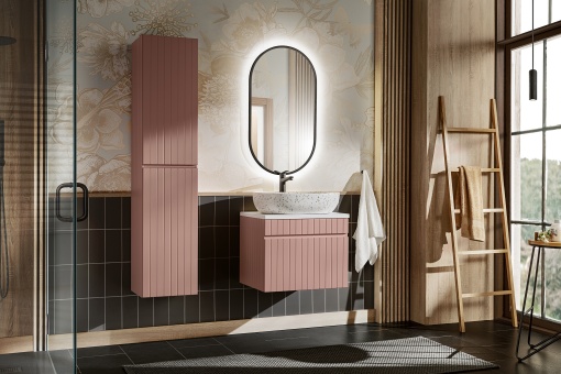 Set de mobilier de 60 cm cu o chiuvetă pe blat, un dulap înalt și o oglindă