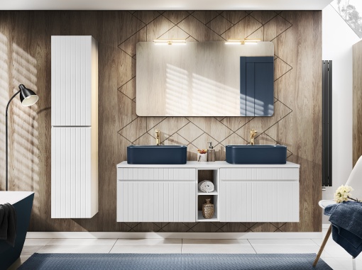 Set de mobilier 140 cm cu blat, 2 lavoare Kama pe blat, un dulap înalt și o oglindă