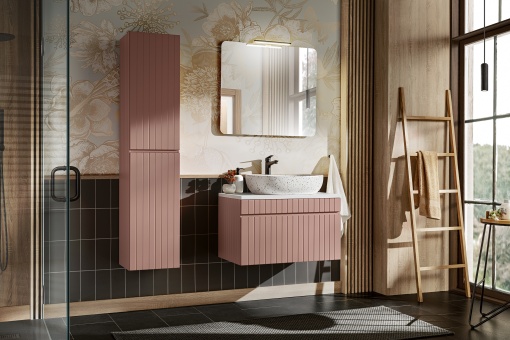 Set de mobilier de 80 cm cu o chiuvetă pe blat, un dulap înalt și o oglindă de 80 cm