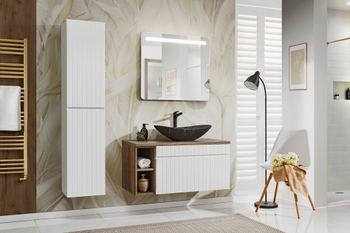Set de mobilier 100cm cu blat, lavoar pe blat Lena, dulap inalt si oglinda LED