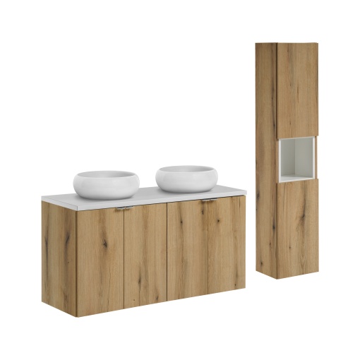 Set de mobilier 120cm cu blat, 2 lavoare Wiki pe blat și un dulap înalt
