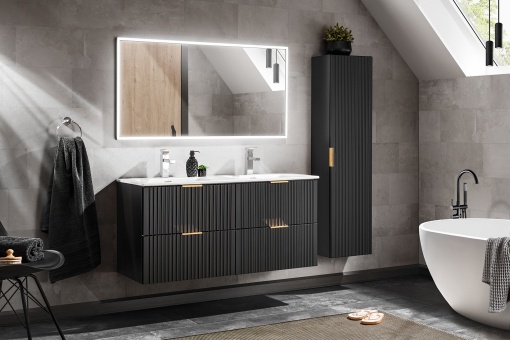 Set de mobilier 120cm cu chiuveta de mobila, dulap inalt si oglinda