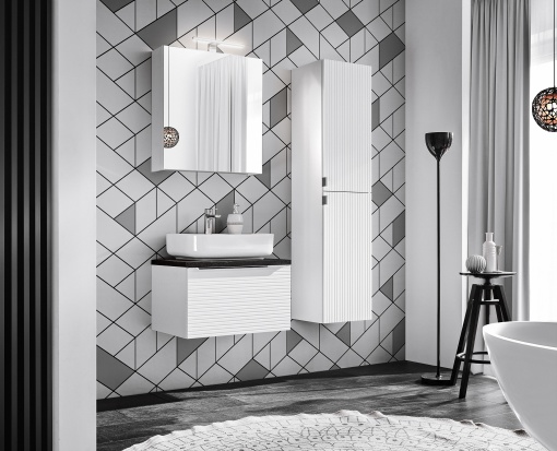 Set de mobilier de 60 cm cu o chiuvetă pe blat, un dulap înalt și un dulap cu oglindă