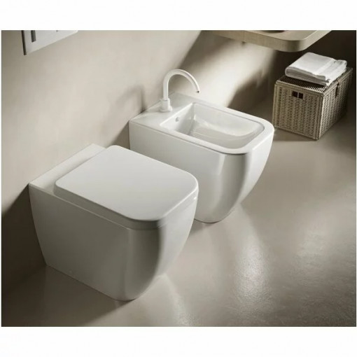 Set vas wc si bideu pe pardoseala Hatria Bianca Rimless BackToWall cu capac soft close