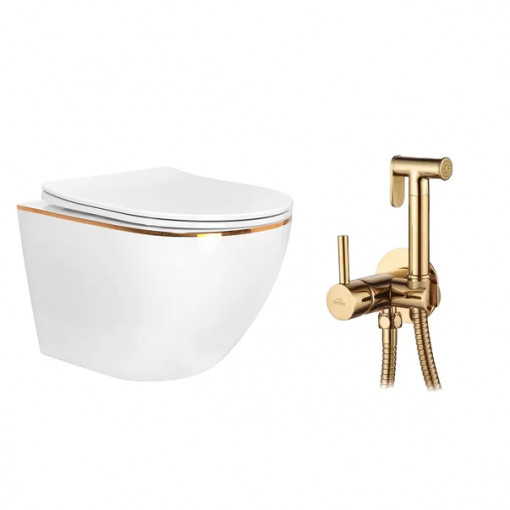 Pachet vas wc suspendat Rea Carlo, capac softclose si set dus igiena intima auriu cu baterie incastrata Invena Bidetta