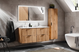 Set de mobilier 120cm cu lavoar mobila SKY, dulap inalt si oglinda LED - Img 1