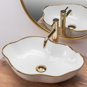 Lavoar pentru blat Rea Pearl Gold Edge Alb Auriu - Img 5