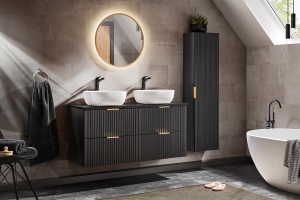 Set de mobilier 120cm cu chiuvete pe blat si oglinda rotunda LED 60cm - Img 1