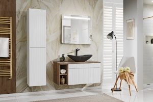 Set de mobilier 100cm cu blat, lavoar pe blat Lena, dulap inalt si oglinda LED - Img 1