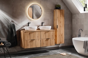 Set de mobilier 120 cm cu blat, 2 lavoare Smile blat, un dulap înalt și o oglindă LED - Img 1