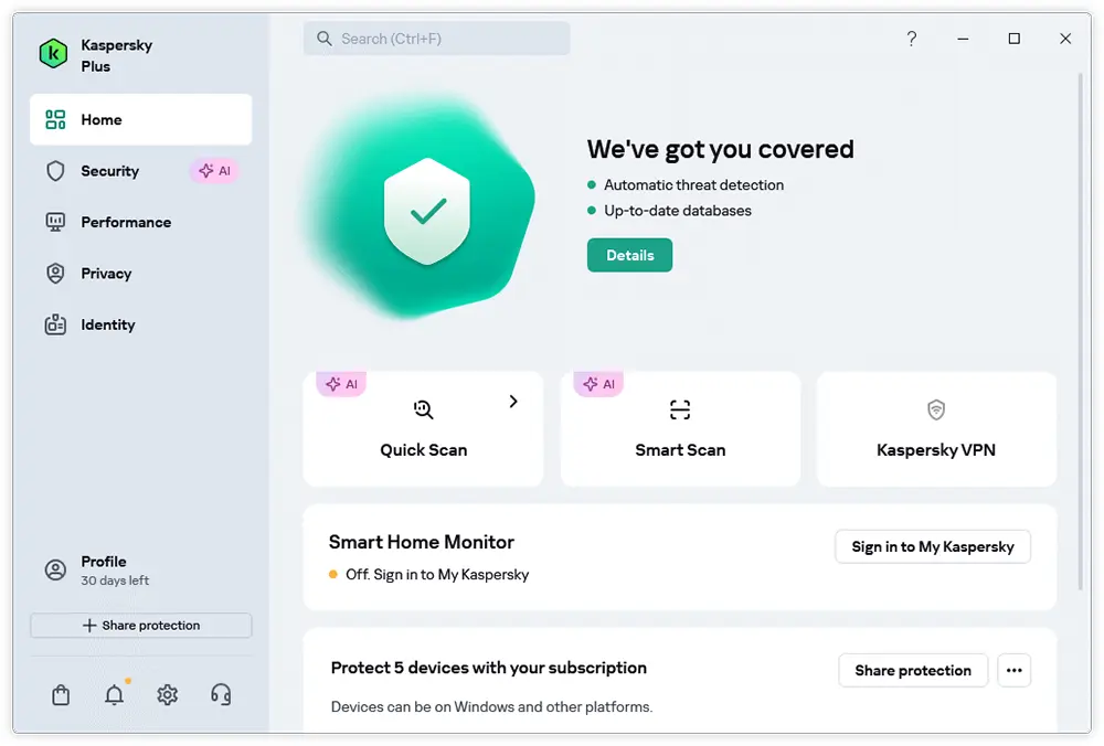 Kaspersky Plus — interfața utilizator