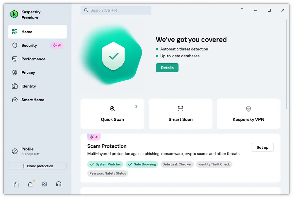 Kaspersky Premium — interfața utilizator program antivirus