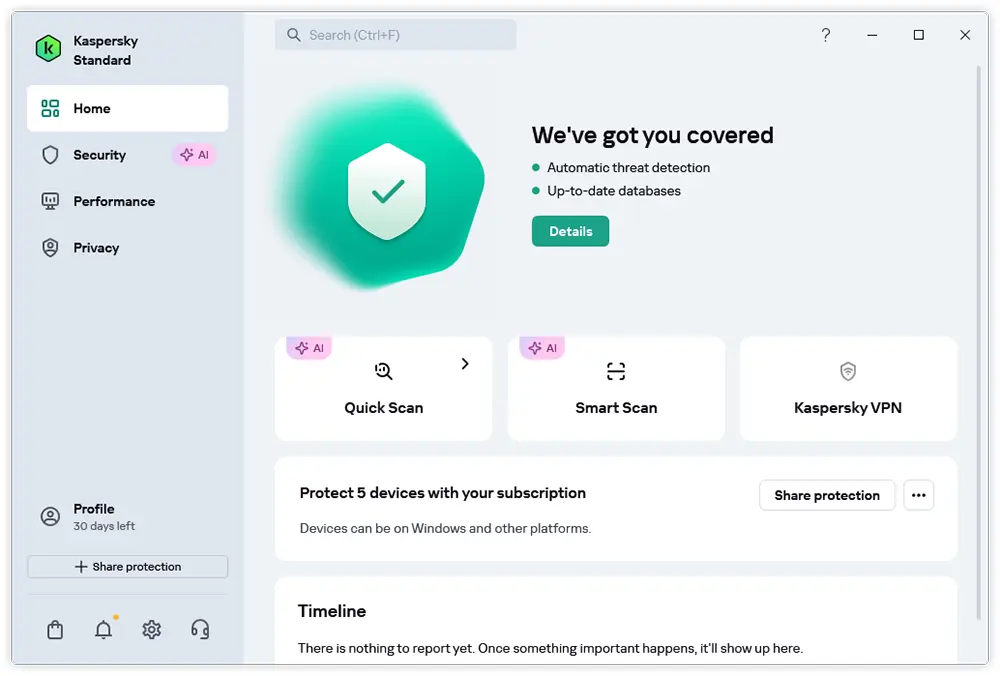 Kaspersky Standard — interfața utilizator