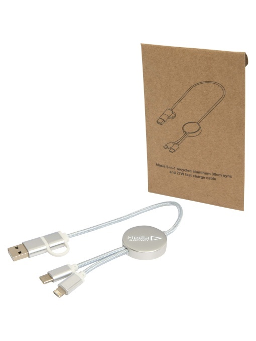 PF™ Alasia 5-in-1 recycled aluminium and plastic 30 cm data sync and 27W fast charge cable - Img 1