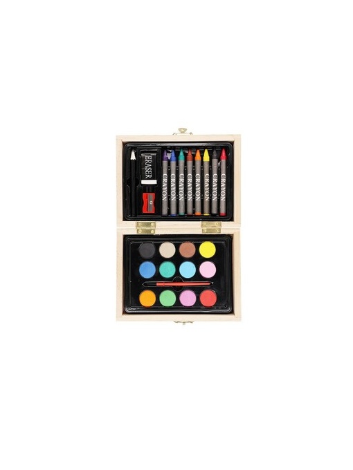 AX™ Set de pictură și desen, 24 piese, set de artizanat, creioane, pix, radieră, ascuțitoare, vopsele de apă, pensulă, cutie din lemn